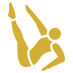 Reformer Pilates Yellow icon of a person exercising, lying on their back with legs and one arm raised.