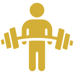 Strength Fusion Yellow icon of a person lifting a barbell with weights on each side.