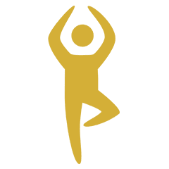 Yoga Flow A yellow stick figure in a tree yoga pose with arms raised overhead.