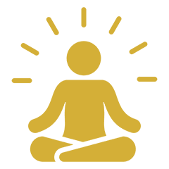 Yoga & Meditation Yellow icon of a person meditating in a cross-legged position with lines radiating from their head, on a green background.