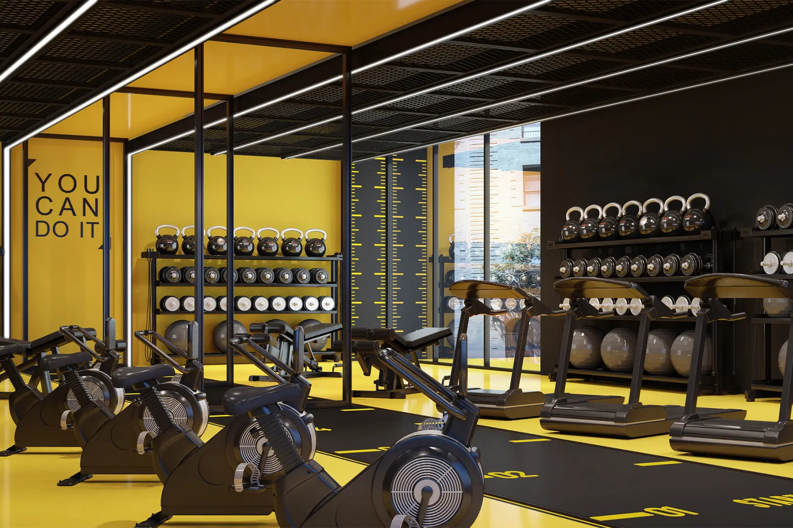 A gym with many different types of equipment.