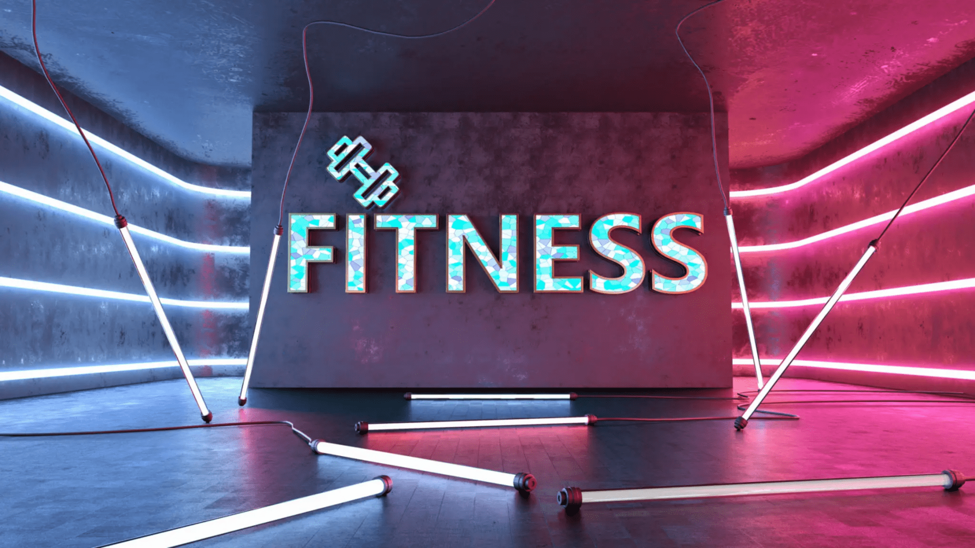 A neon sign that says fitness with some lights